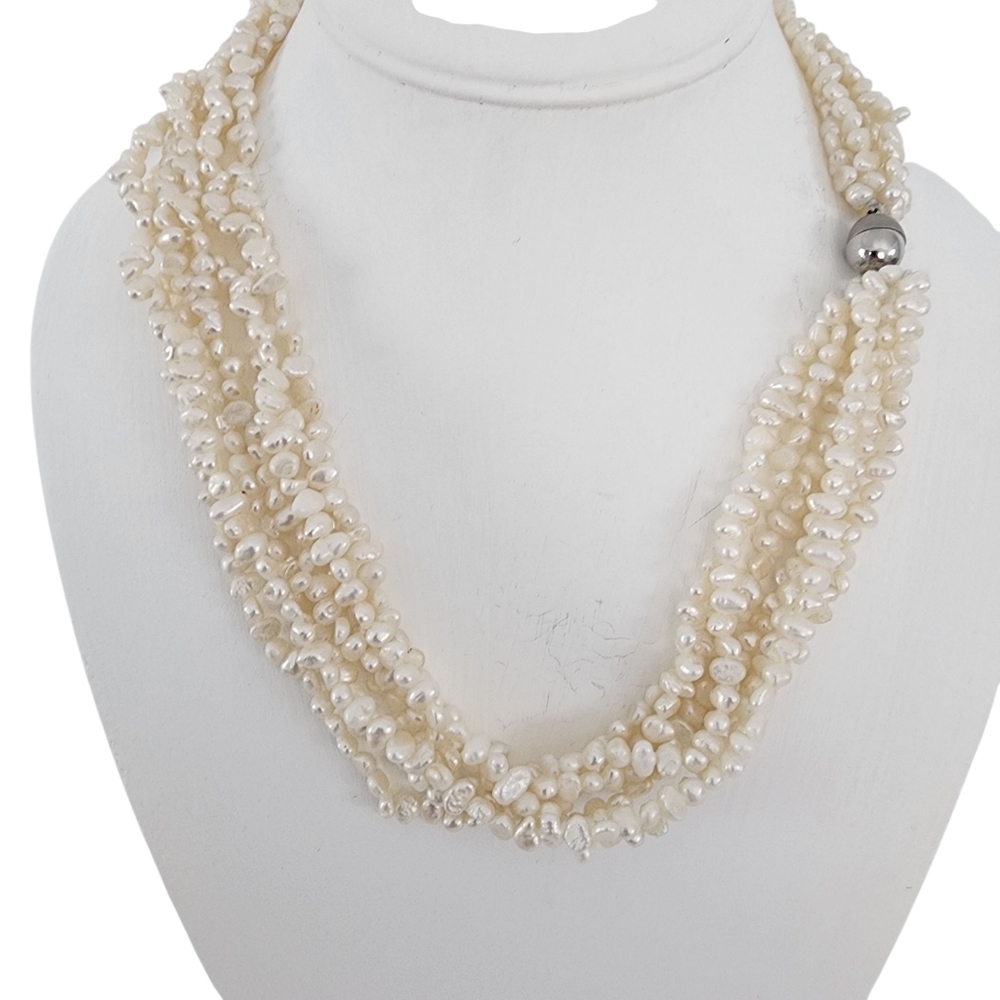 Pearl necklace multi strand genuine pearls silver ball clasp cream A0035 -Q5